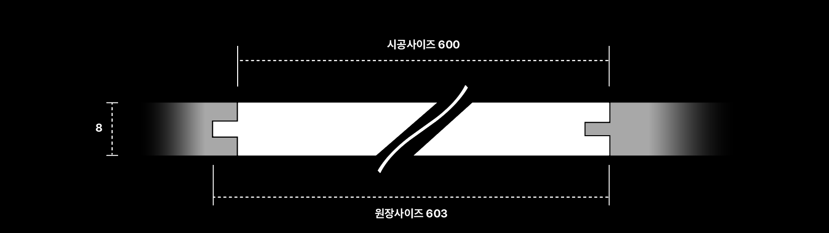 쿼츠보드 단면도: 시공사이즈 600, 원장사이즈 603, 두께 8